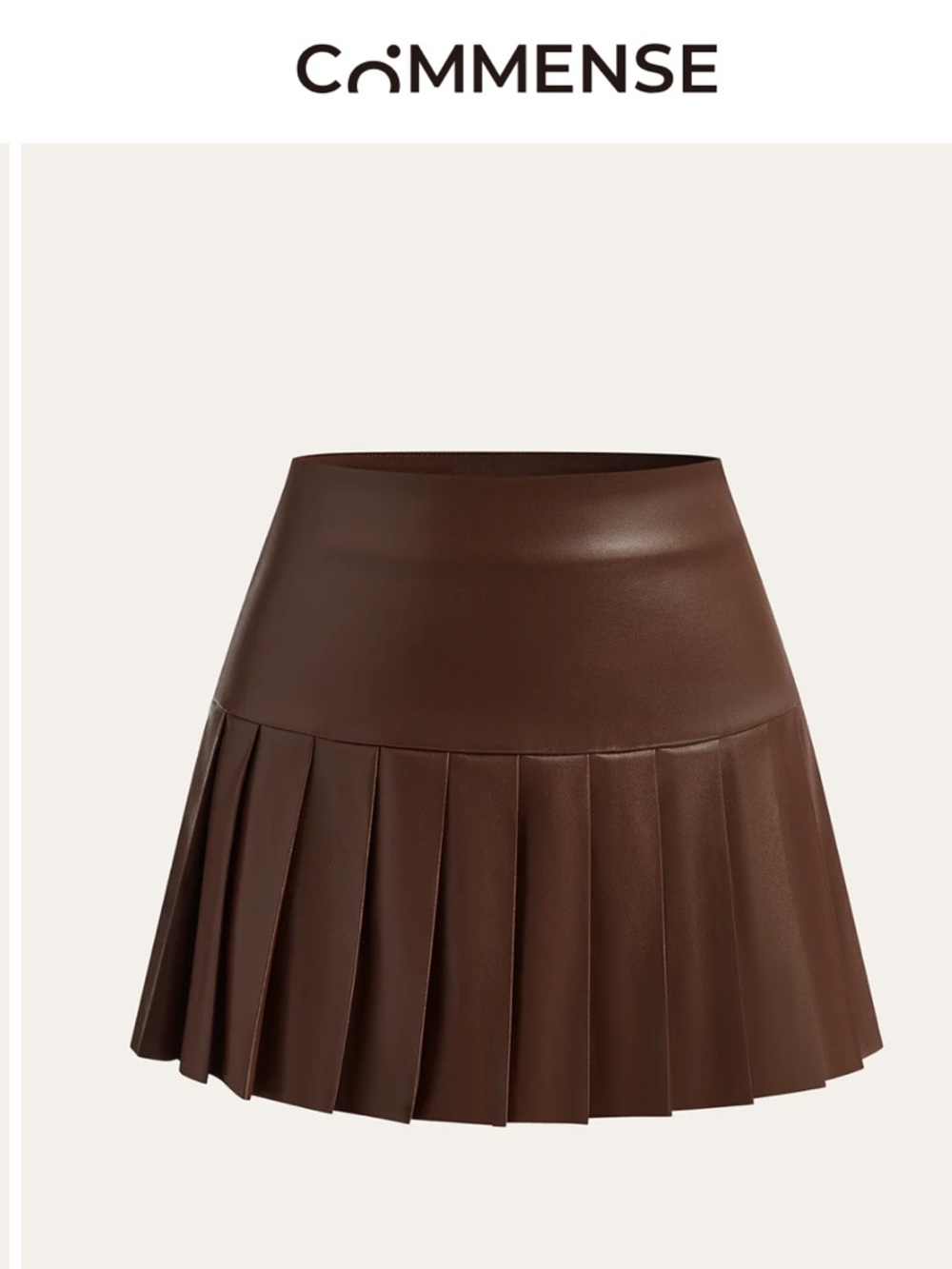Commense Brown Faux Leather High-Waist Pleated Mini Skirt
